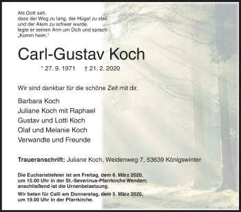 Traueranzeige von Carl-Gustav Koch von Siegener Zeitung