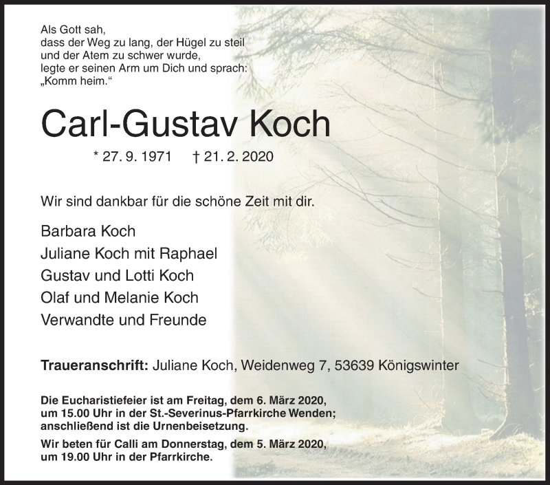  Traueranzeige für Carl-Gustav Koch vom 26.02.2020 aus Siegener Zeitung