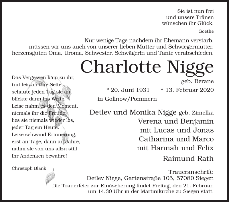  Traueranzeige für Charlotte Nigge vom 17.02.2020 aus Siegener Zeitung