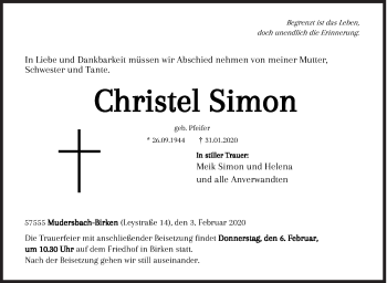 Traueranzeige von Christel Simon von Siegener Zeitung