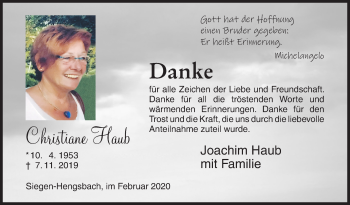 Traueranzeige von Christiane Haub von Siegener Zeitung