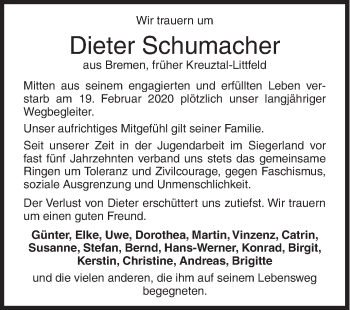 Traueranzeige von Dieter Schumacher von Siegener Zeitung