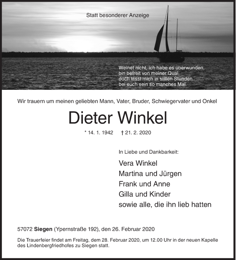  Traueranzeige für Dieter Winkel vom 26.02.2020 aus Siegener Zeitung