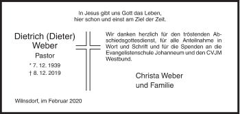 Traueranzeige von Dietrich  Weber von Siegener Zeitung