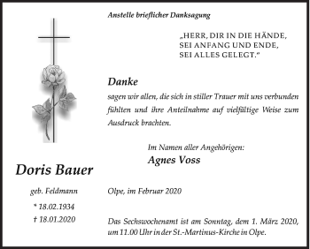 Traueranzeige von Doris Bauer von Siegener Zeitung