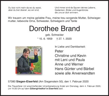 Traueranzeige von Dorothee Brand von Siegener Zeitung