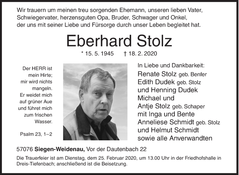  Traueranzeige für Eberhard Stolz vom 21.02.2020 aus Siegener Zeitung