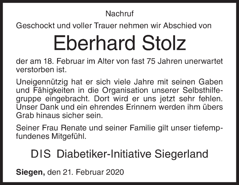 Traueranzeige für Eberhard Stolz vom 21.02.2020 aus Siegener Zeitung