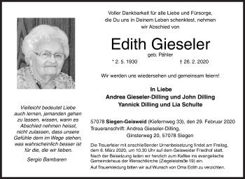 Traueranzeige von Edith Gieseler von Siegener Zeitung