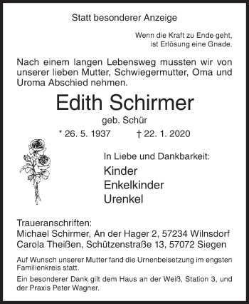 Traueranzeige von Edith Schirmer von Siegener Zeitung