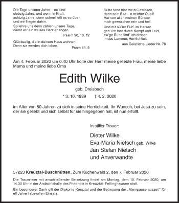 Traueranzeige von Edith Wilke von Siegener Zeitung