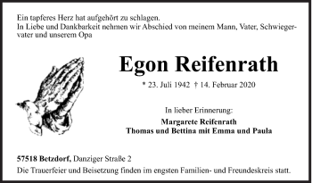 Traueranzeige von Egon Reifenrath von Siegener Zeitung