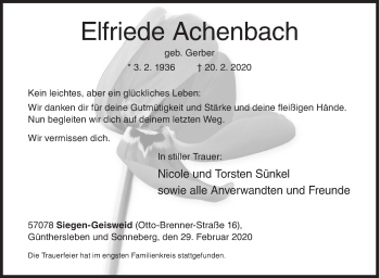 Traueranzeige von Elfriede Achenbach von Siegener Zeitung