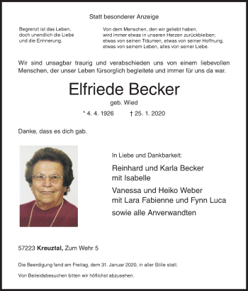 Traueranzeige von Elfriede Becker von Siegener Zeitung