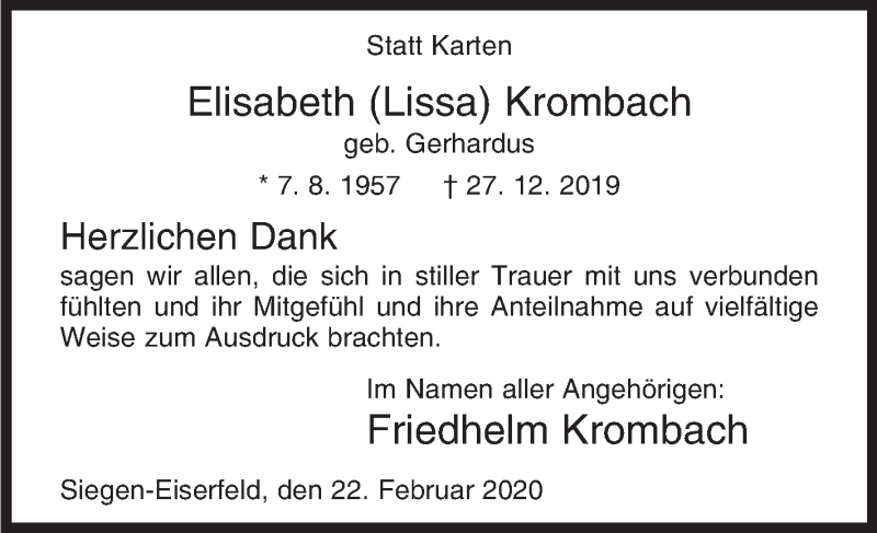  Traueranzeige für Elisabeth  Krombach vom 22.02.2020 aus Siegener Zeitung