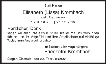 Traueranzeige von Elisabeth  Krombach von Siegener Zeitung