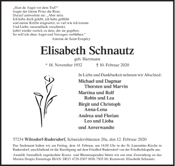 Traueranzeige von Elisabeth Schnautz von Siegener Zeitung
