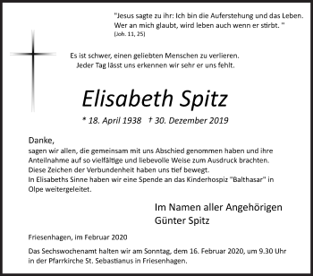 Traueranzeige von Elisabeth Spitz von Siegener Zeitung