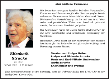 Traueranzeige von Elisabeth Stracke von Siegener Zeitung
