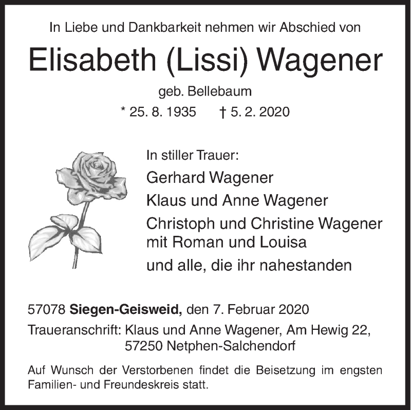  Traueranzeige für Elisabeth Wagener vom 07.02.2020 aus Siegener Zeitung