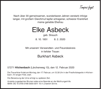 Traueranzeige von Elke Asbeck von Siegener Zeitung