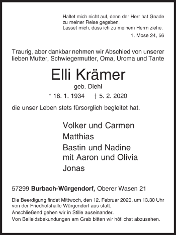Traueranzeige von Elli Krämer von Siegener Zeitung