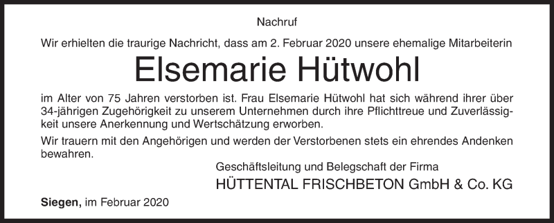  Traueranzeige für Elsemarie Hütwohl vom 07.02.2020 aus Siegener Zeitung