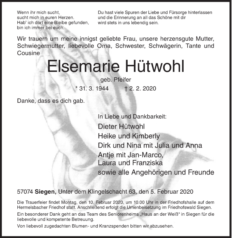  Traueranzeige für Elsemarie Hütwohl vom 05.02.2020 aus Siegener Zeitung
