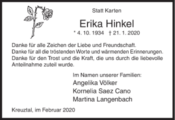 Traueranzeige von Erika Hinkel von Siegener Zeitung