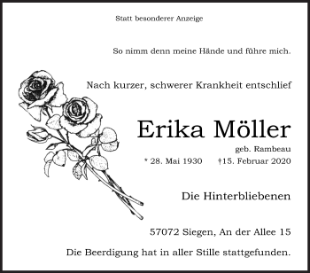 Traueranzeige von Erika Möller von Siegener Zeitung