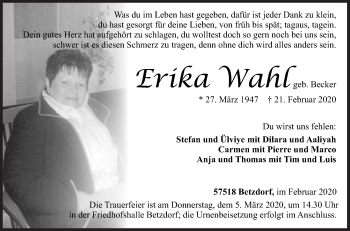 Traueranzeige von Erika Wahl von Siegener Zeitung