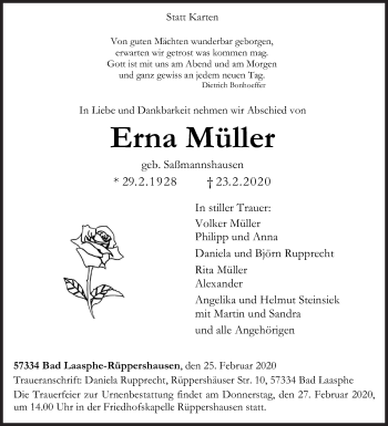 Traueranzeige von Erna Müller von Siegener Zeitung