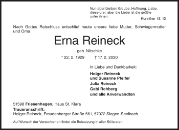 Traueranzeige von Erna Reineck von Siegener Zeitung