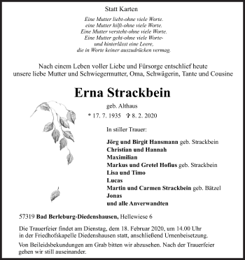 Traueranzeige von Erna Strackbein von Siegener Zeitung