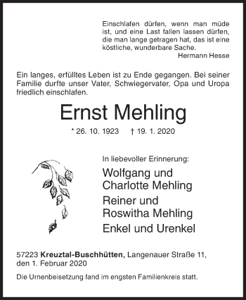 Traueranzeige von Ernst Mehling von Siegener Zeitung