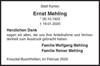 Traueranzeige von Ernst Mehling von Siegener Zeitung
