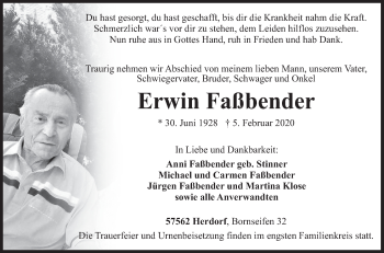Traueranzeige von Erwin Faßbender von Siegener Zeitung
