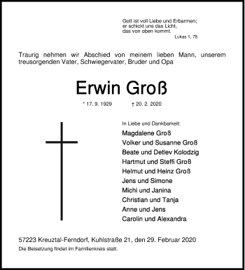 Traueranzeige von Erwin Groß von Siegener Zeitung