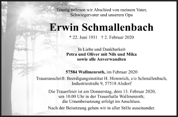 Traueranzeige von Erwin Schmallenbach von Siegener Zeitung