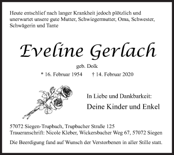 Traueranzeige von Eveline Gerlach von Siegener Zeitung