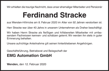 Traueranzeige von Ferdinand Stracke von Siegener Zeitung