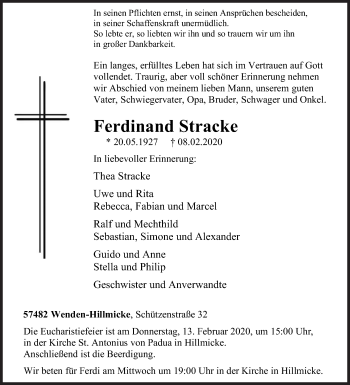 Traueranzeige von Ferdinand Stracke von Siegener Zeitung