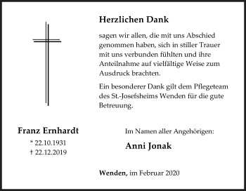 Traueranzeige von Franz Ernhardt von Siegener Zeitung