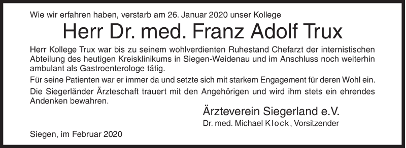  Traueranzeige für Franz Adolf Trux vom 03.02.2020 aus Siegener Zeitung