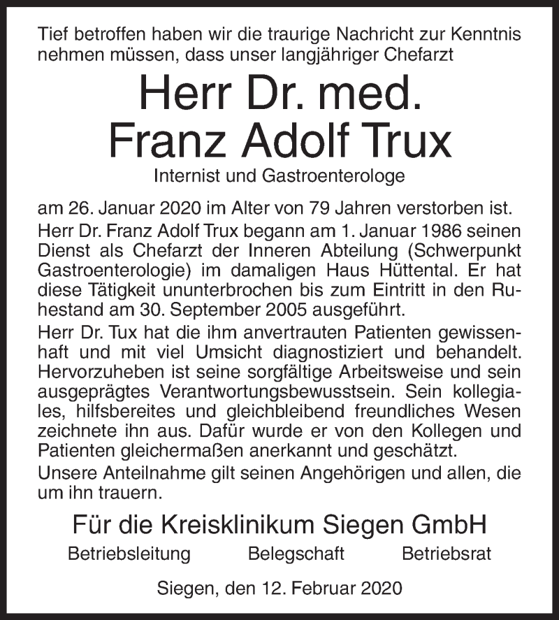  Traueranzeige für Franz Adolf Trux vom 12.02.2020 aus Siegener Zeitung