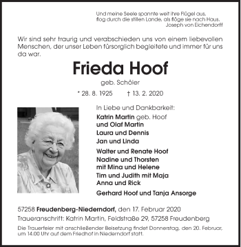 Traueranzeige von Frieda Hoof von Siegener Zeitung