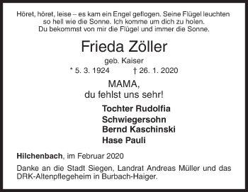 Traueranzeige von Frieda Zöller von Siegener Zeitung