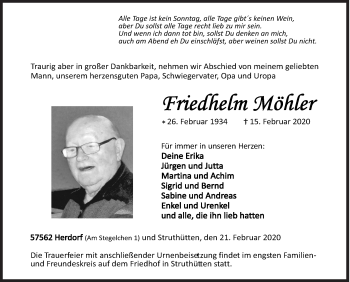 Traueranzeige von Friedhelm Möhler von Siegener Zeitung