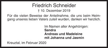 Traueranzeige von Friedrich Schneider von Siegener Zeitung