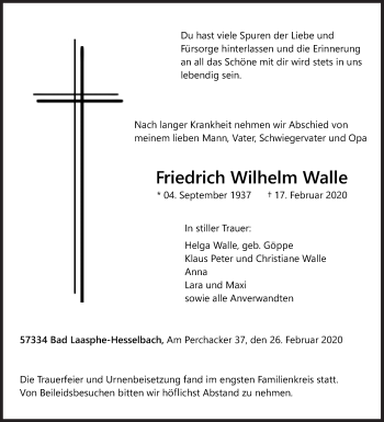 Traueranzeige von Friedrich Wilhelm Walle von Siegener Zeitung